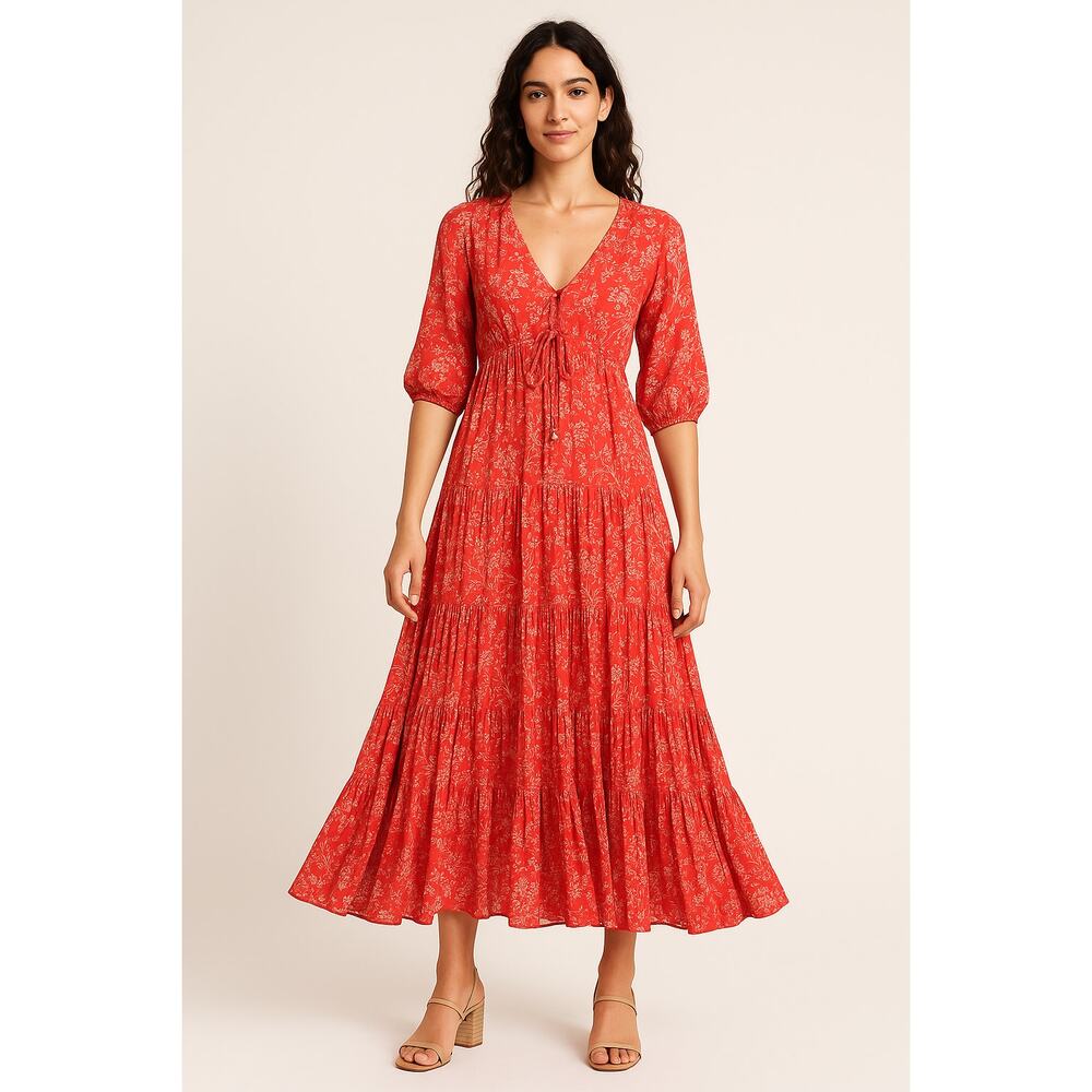 Abel The Label Red Printed Tiered Boho Midi Dress Size XS Cottagecore‎ Romantic